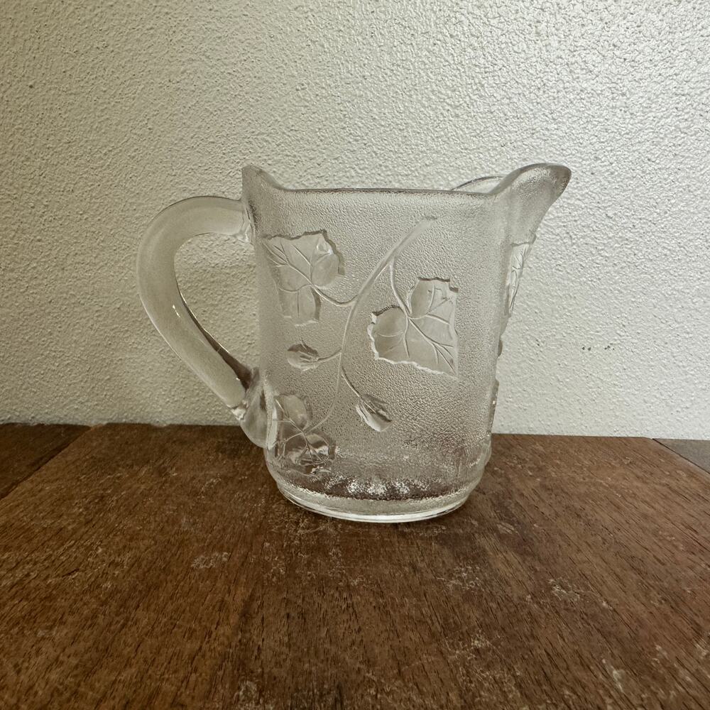 Vintage Frosted Embossed Ivy Floral Design Clear Glass Serving Pitcher